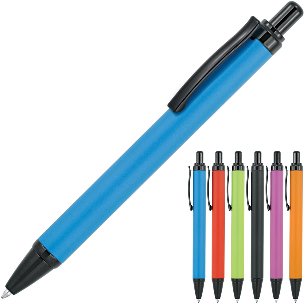 A blue ballpoint pen with a black clip, surrounded by pens in red, orange, green, pink, and purple. Features a logo.