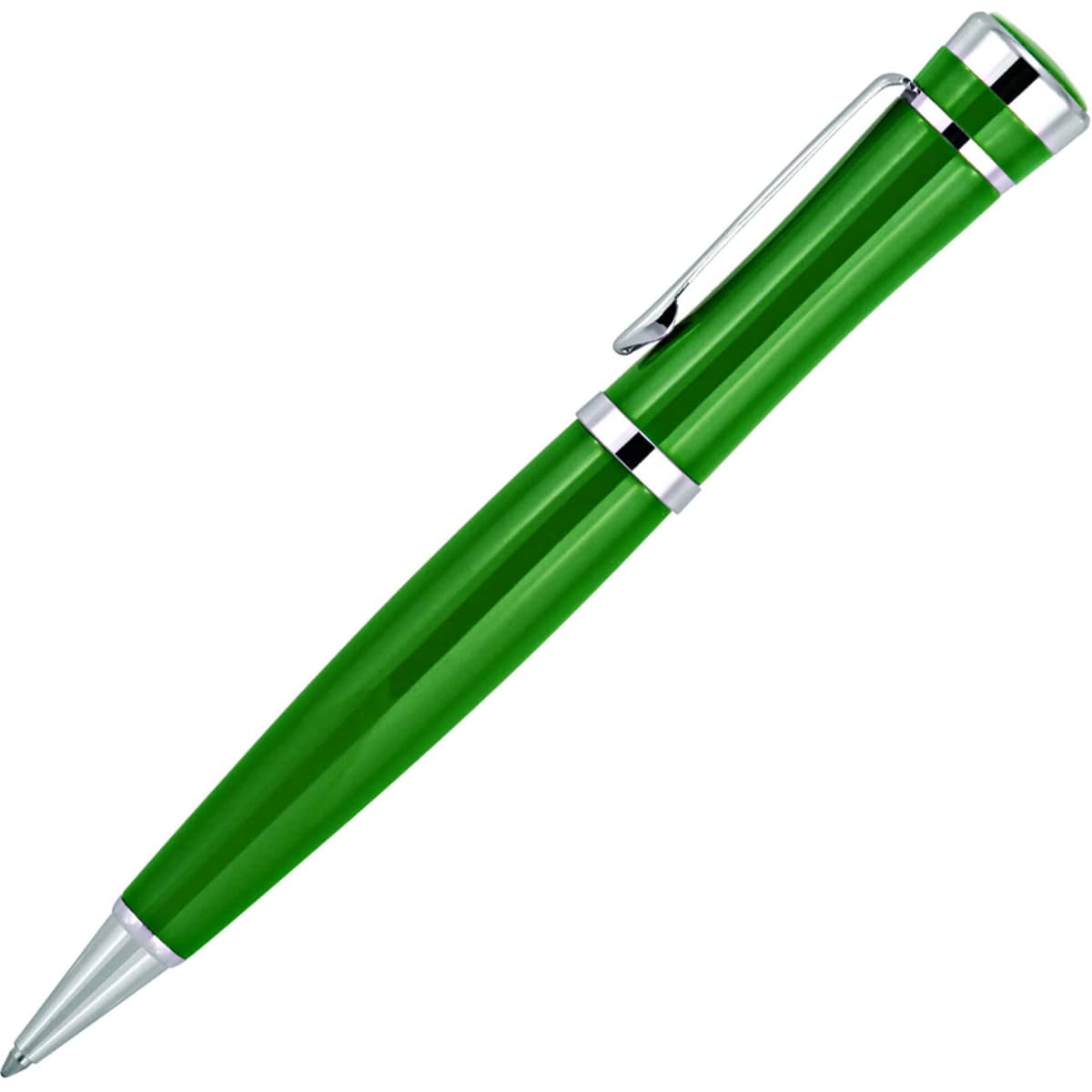 A green metal ballpoint pen with silver accents and a clip, featuring a sleek executive design.