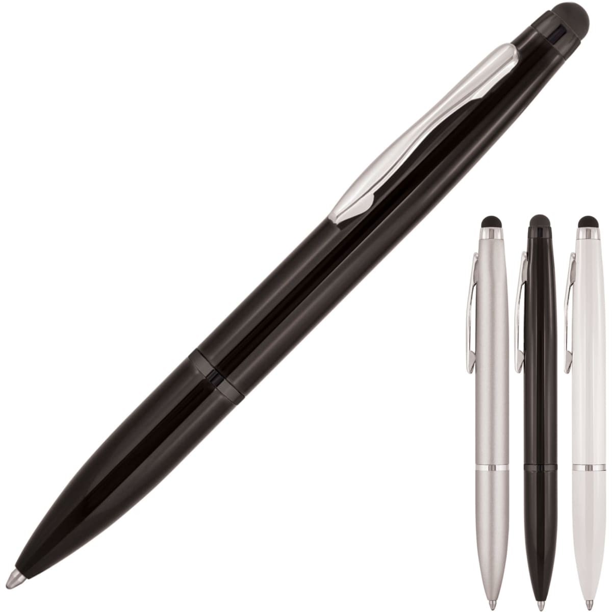 A metal ballpoint pen stylus in black, with silver accents, alongside variants in silver and white, featuring branding.