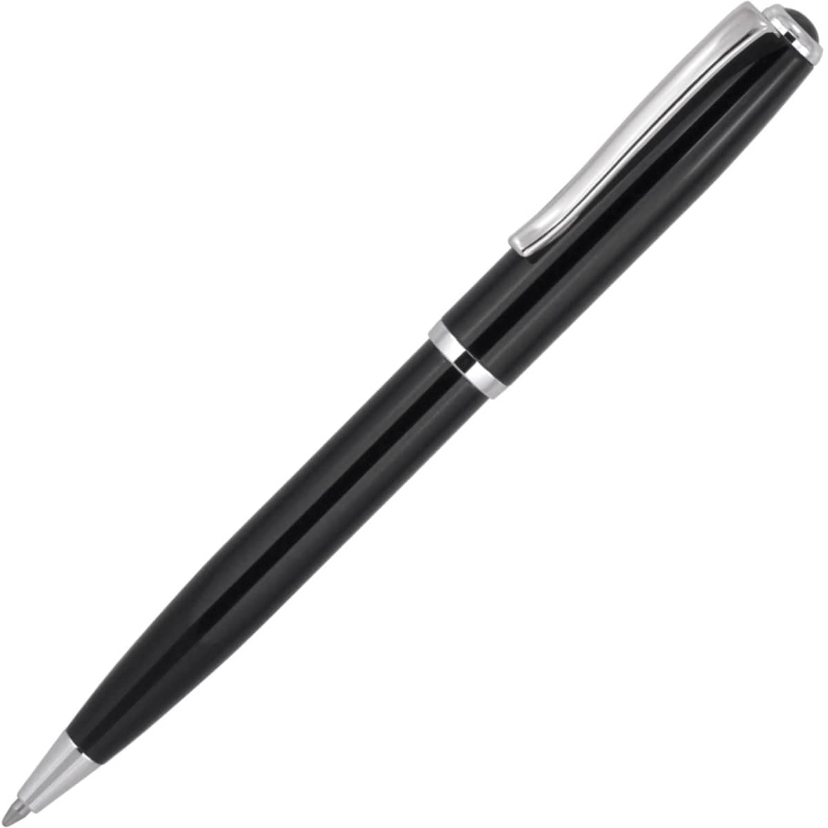 A metal ballpoint pen in black with silver accents, featuring a sleek design and a clip.