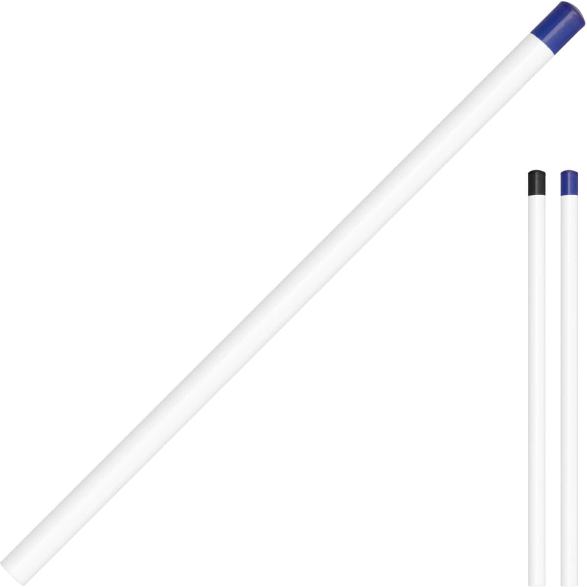 A pencil unsharpened with a white body and blue and black caps, alongside two smaller unsharpened pencils.