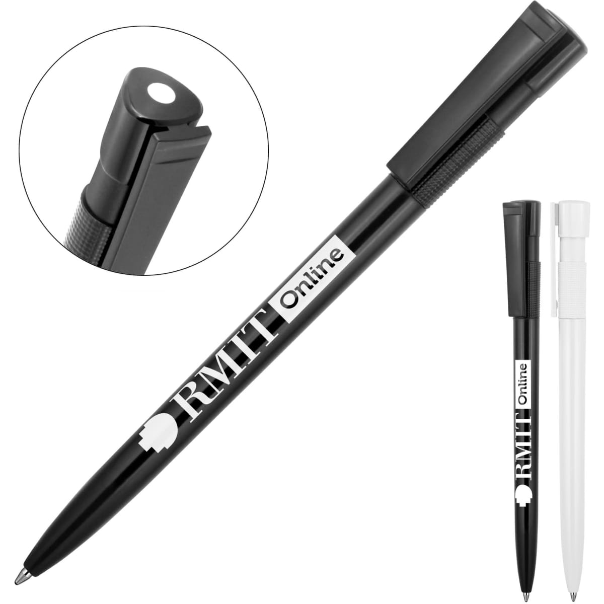 A ballpoint pen in black and white with a glossy finish, featuring a clip and a logo.