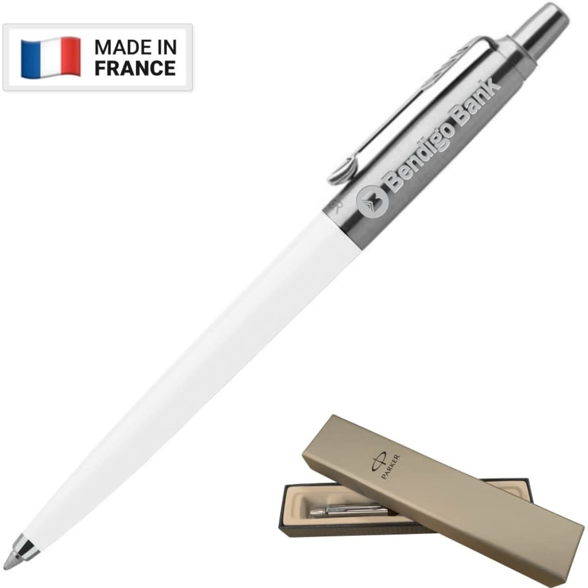 A metal ballpoint pen in white with a silver clip, featuring a logo and presented in a gold box.