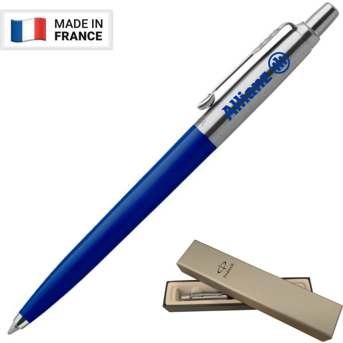 A blue ballpoint pen with a metallic clip and branding, presented in a beige box. It has a logo and a "Made in France" tag.