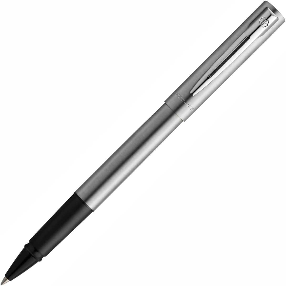 A silver and black metal rollerball pen with a sleek design and a visible logo.