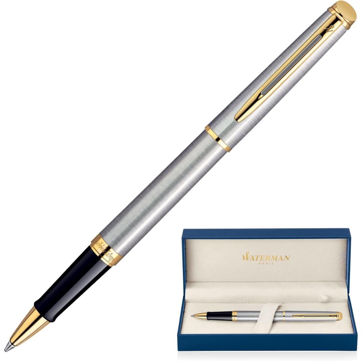 A brushed stainless steel rollerball pen with gold accents, displayed in a blue gift box.