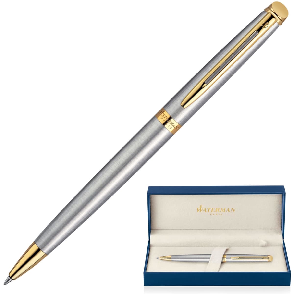 A ballpoint pen in brushed stainless steel with gold accents, displayed in a blue presentation box.