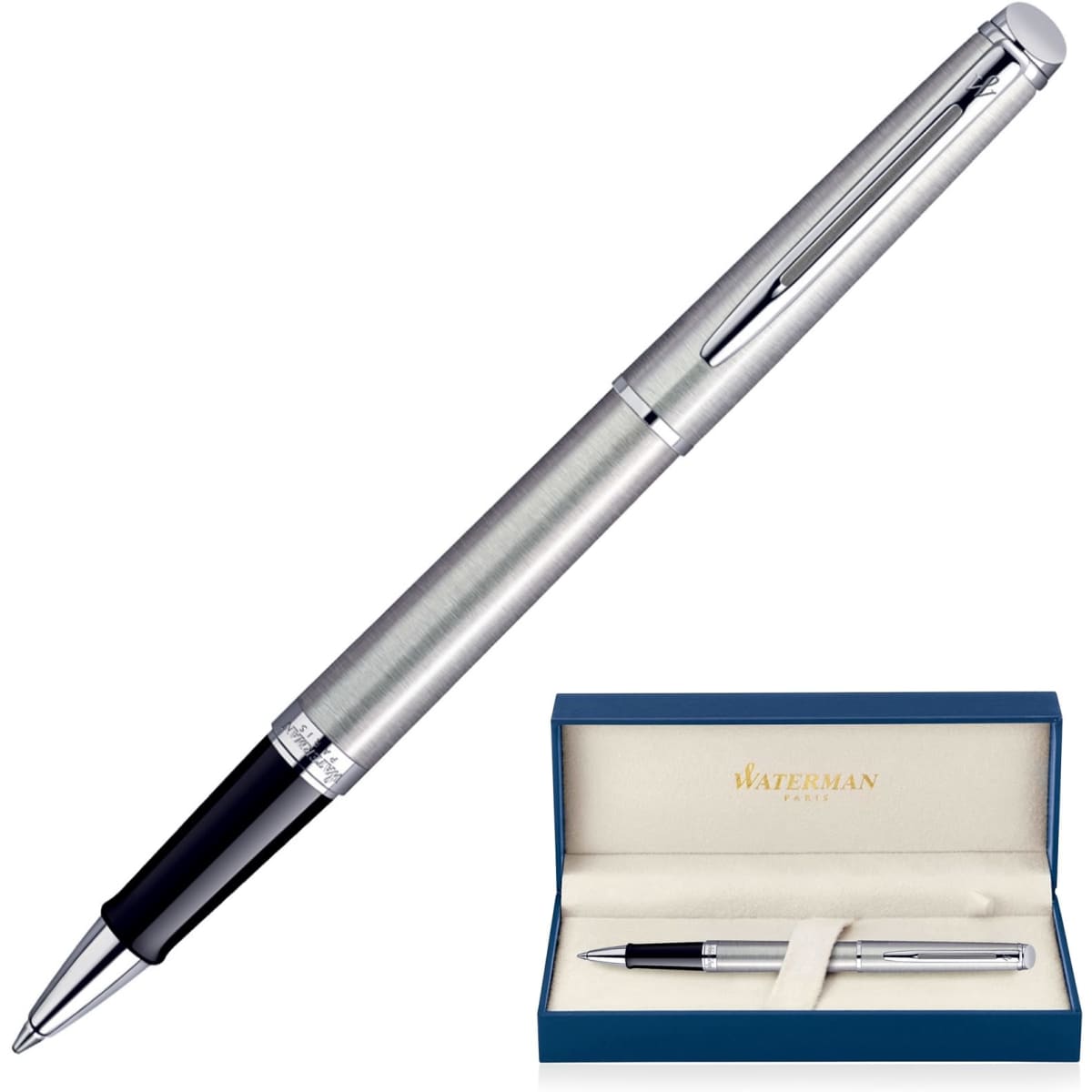 A brushed stainless steel rollerball pen with a dark grip, displayed in a blue box with a logo.