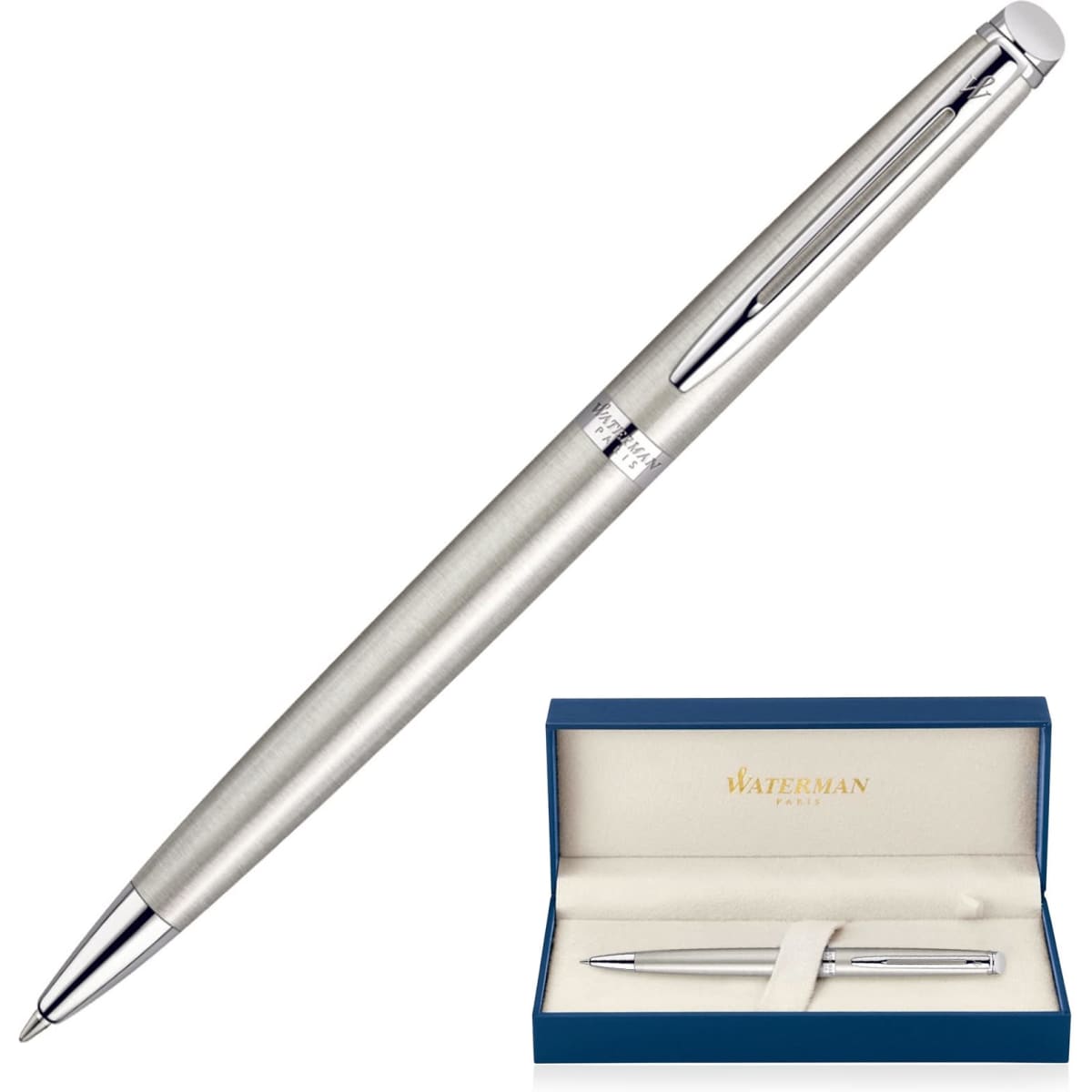 A brushed stainless steel ballpoint pen housed in a blue presentation box, featuring a logo on the box.