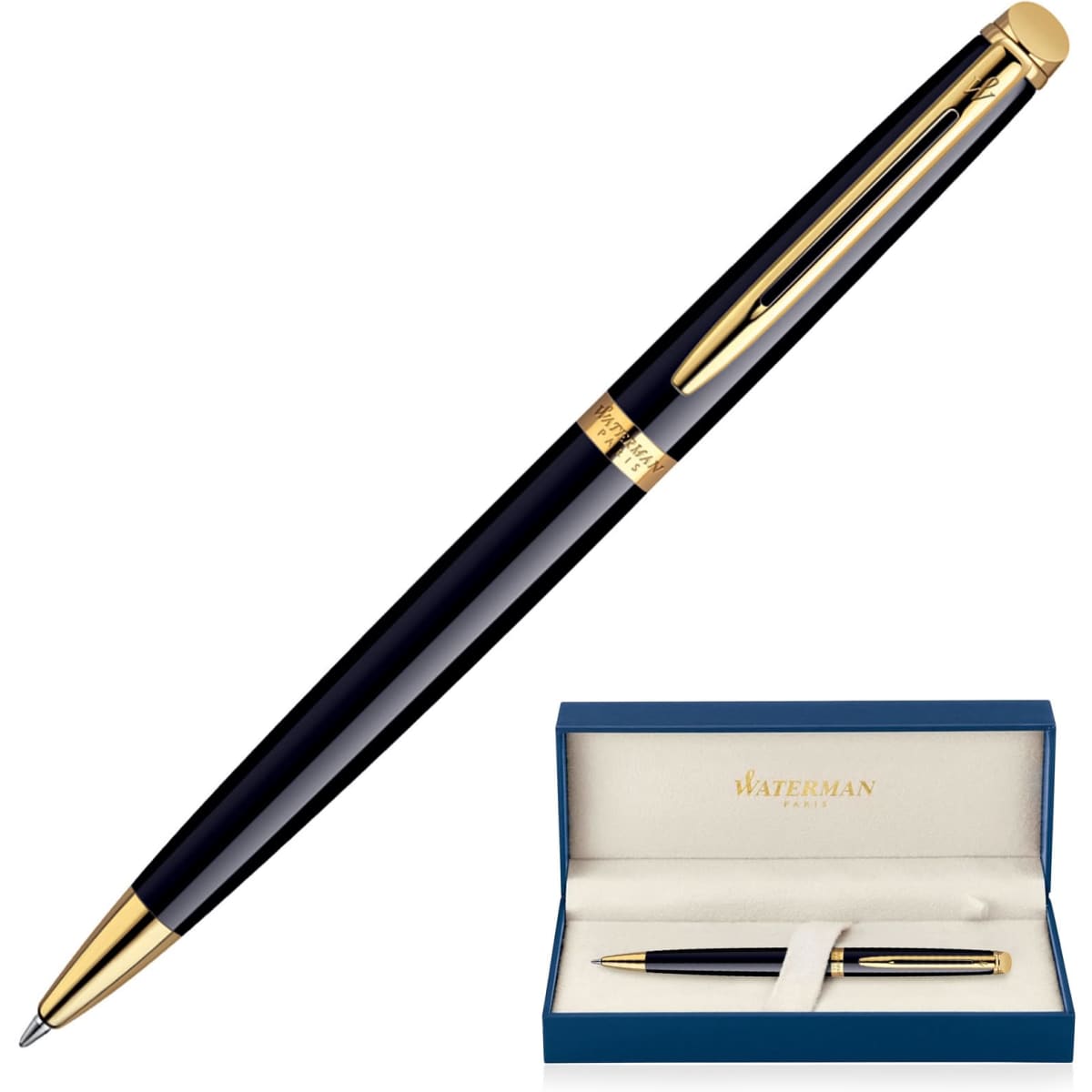 A black lacquer ballpoint pen with gold accents, presented in a blue gift box.