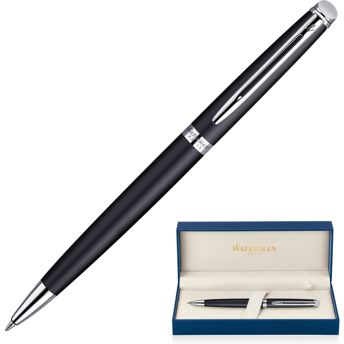 A matte black ballpoint pen with chrome accents, presented in a blue gift box with an interior lining.