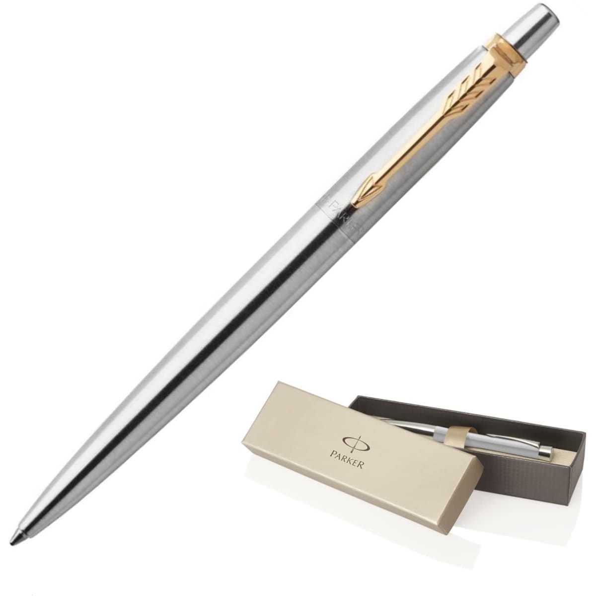 A metal ballpoint pen in brushed stainless steel with a gold clip, presented in a stylish box.