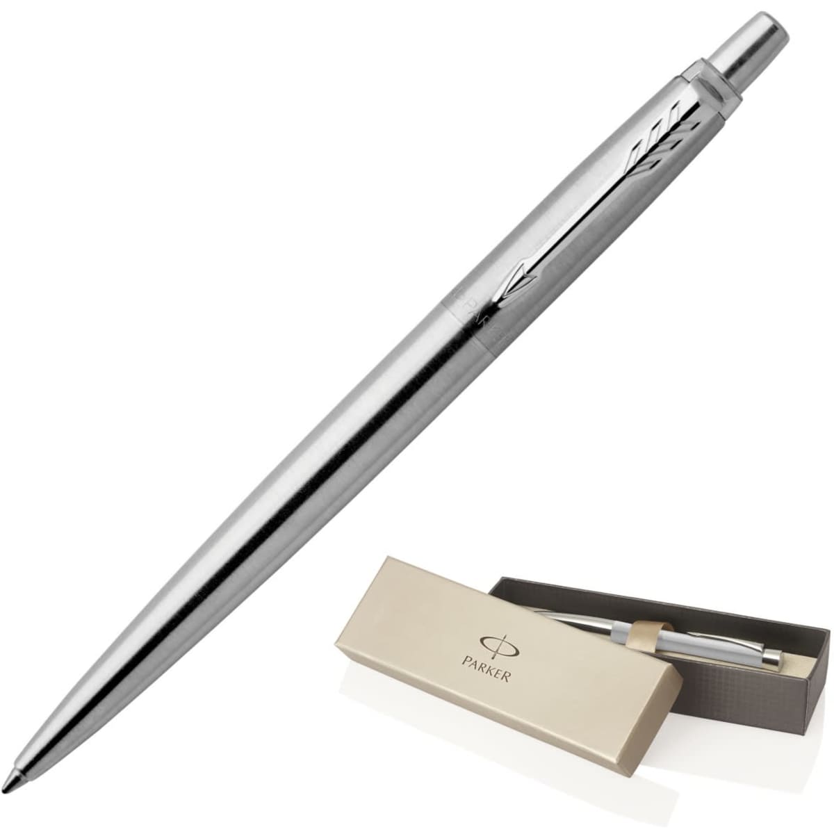A metal ballpoint pen in brushed stainless steel, displayed beside two elegant presentation boxes, featuring a logo.