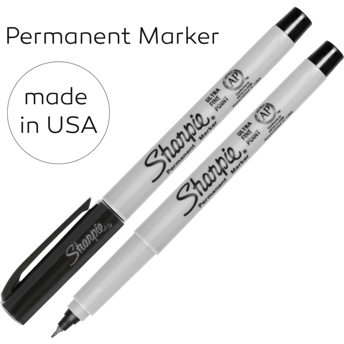 A set of black ultra fine permanent markers with a clip, featuring a branding logo. Made in the USA.