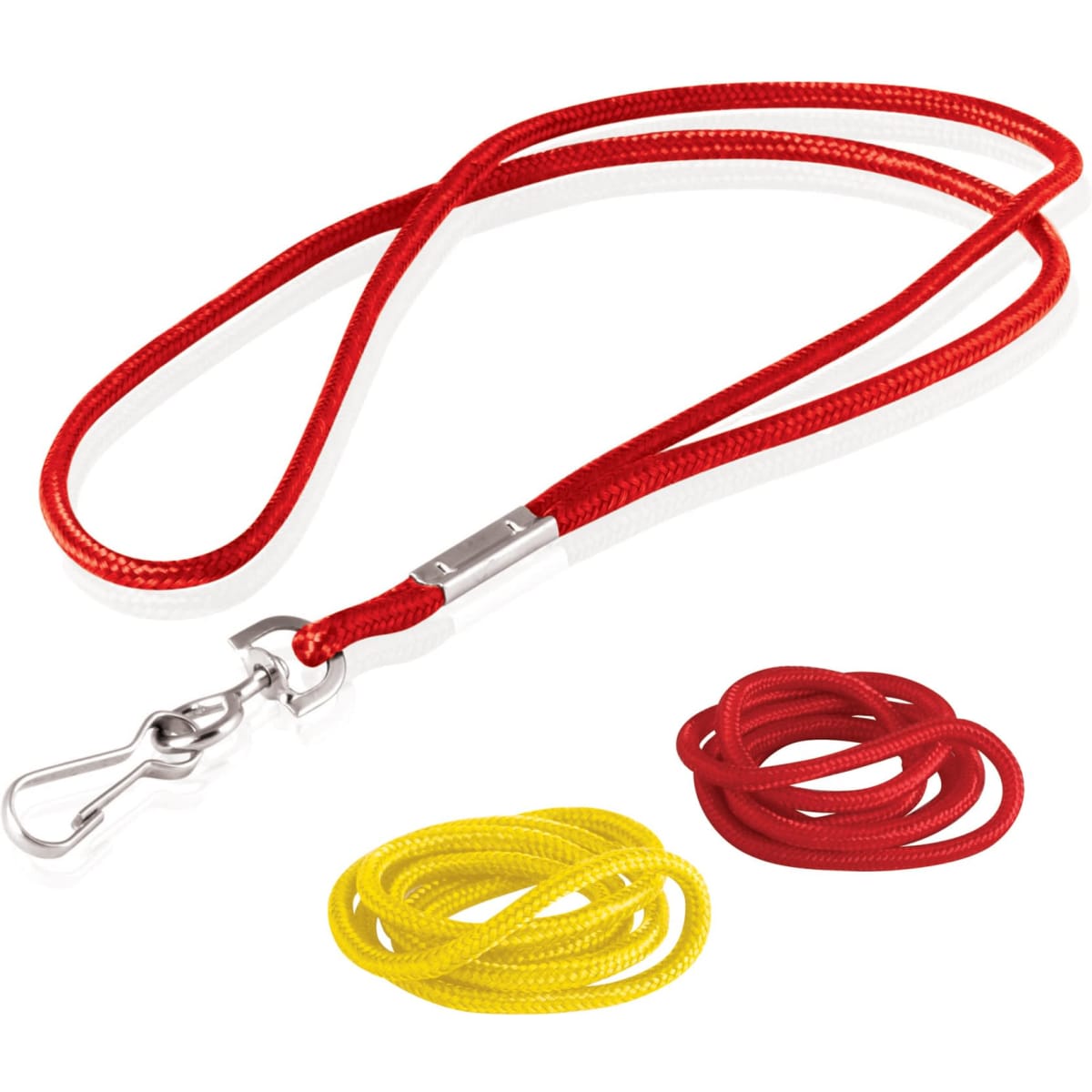 A red and white lanyard cord with a metal clip, accompanied by red and yellow cord bundles.