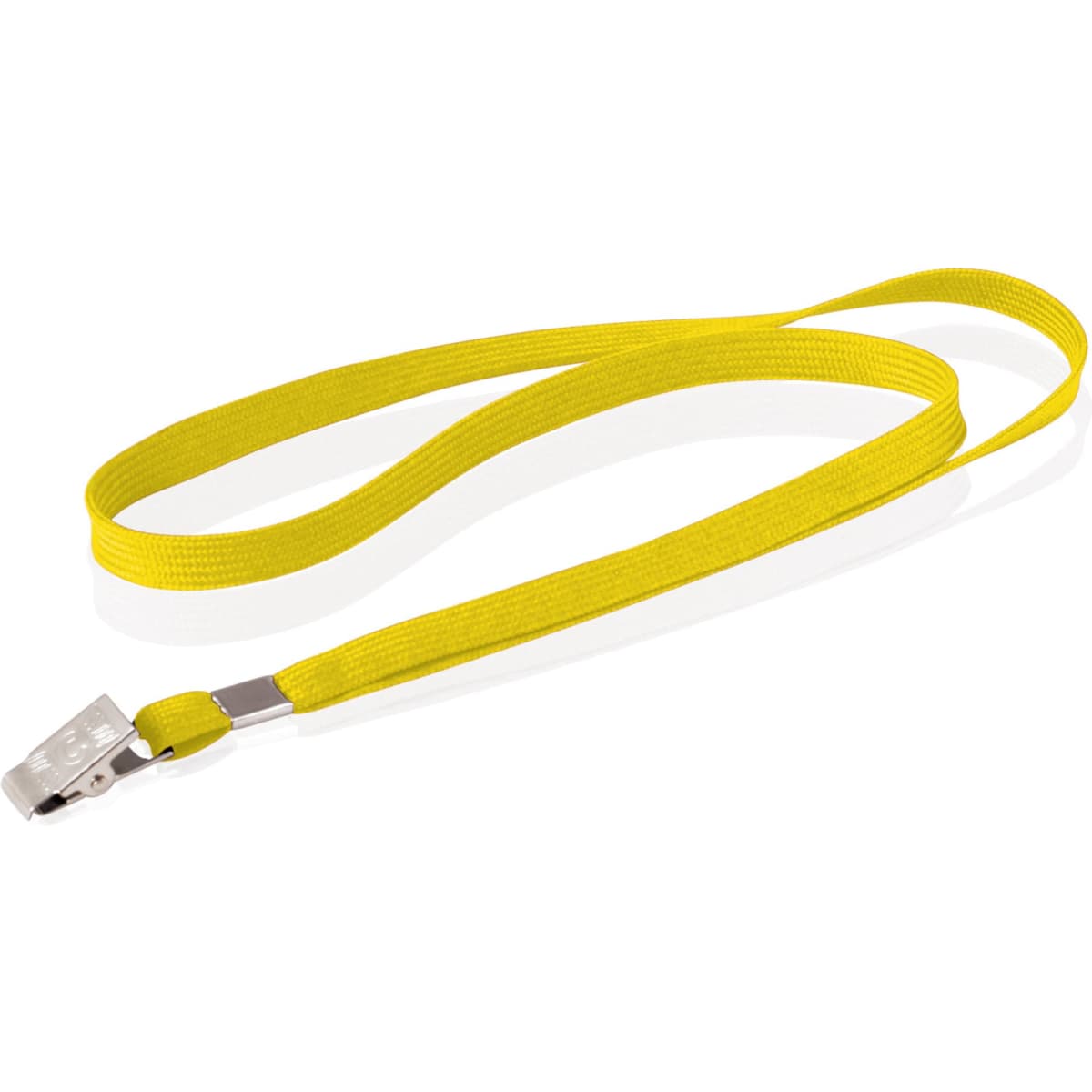 A yellow tubular lanyard with a silver clip, featuring branding on its surface.
