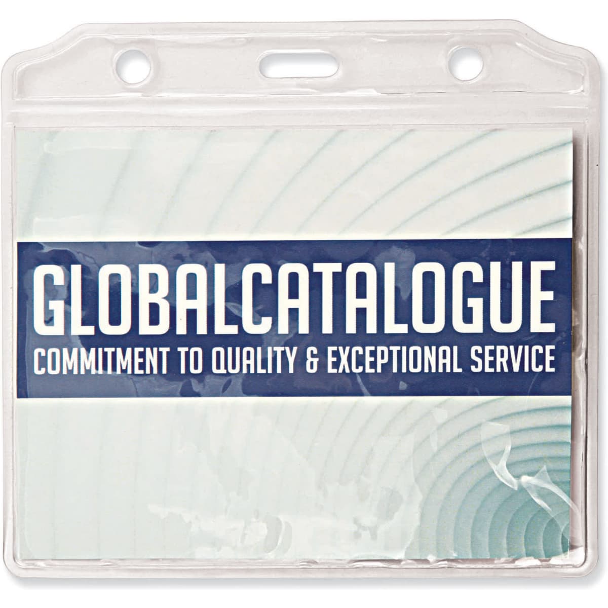 A clear PVC card holder featuring a blue and white insert with a logo and text. The holder includes two punch holes.