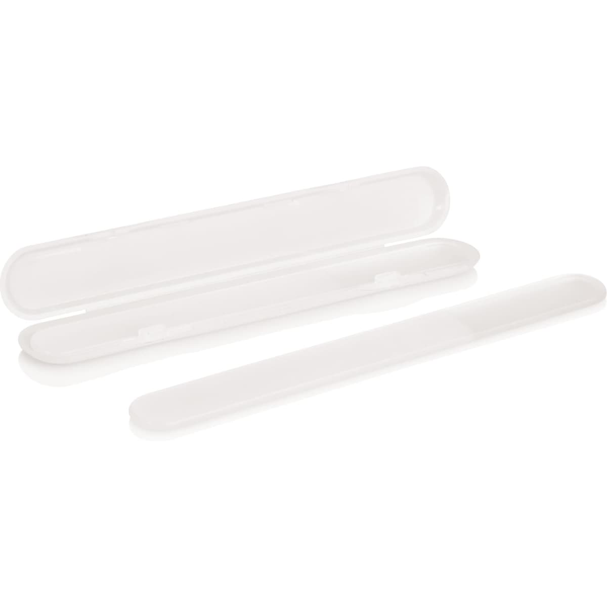 A set of three glass nail files in white, presented in a sleek case with a minimalist design.