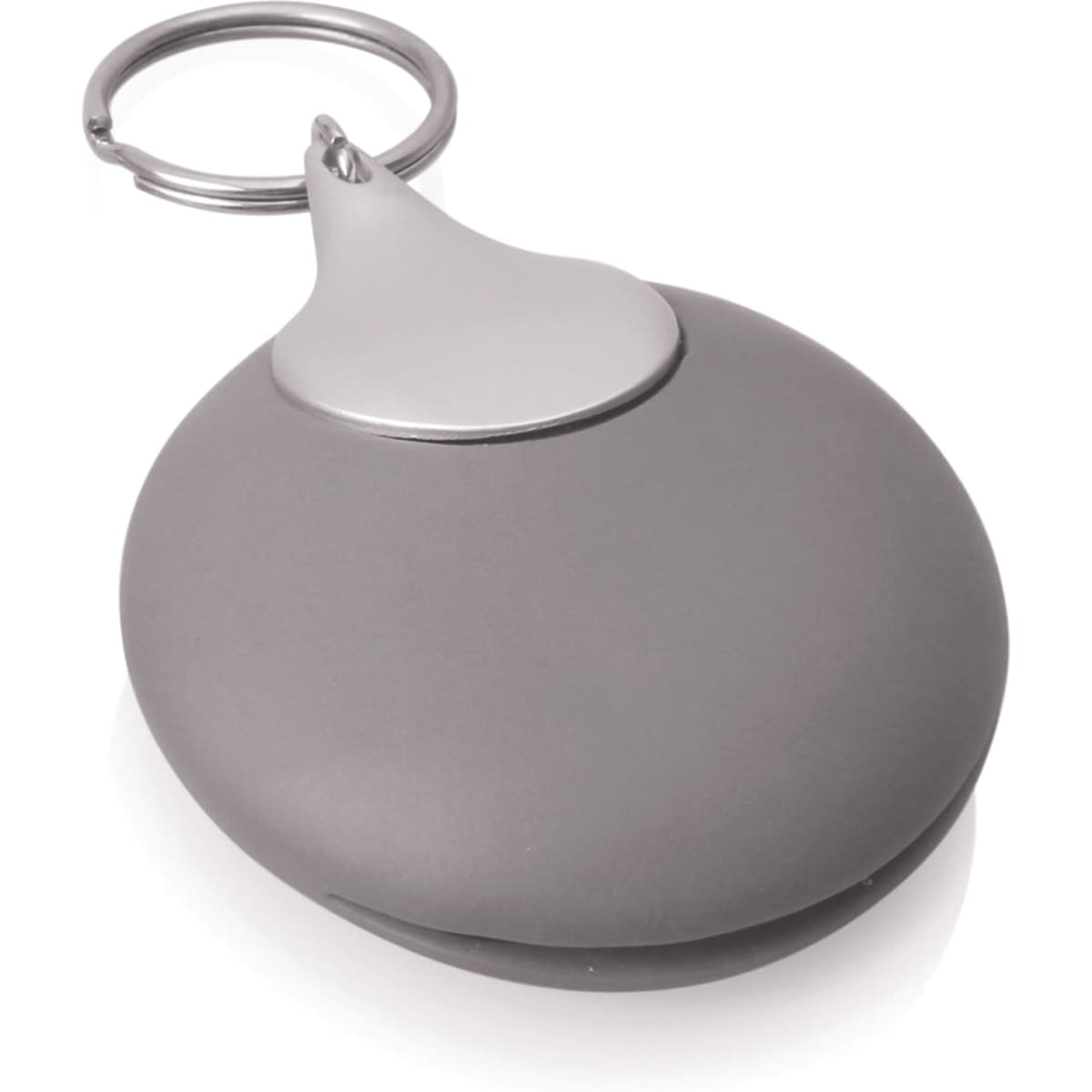 A grey keyring holder containing a microfibre optical cloth, featuring a keyring attachment.