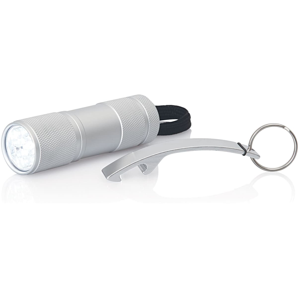 A drink bottle opener and LED torch keyring set in silver, featuring a sleek design with a keyring attachment.