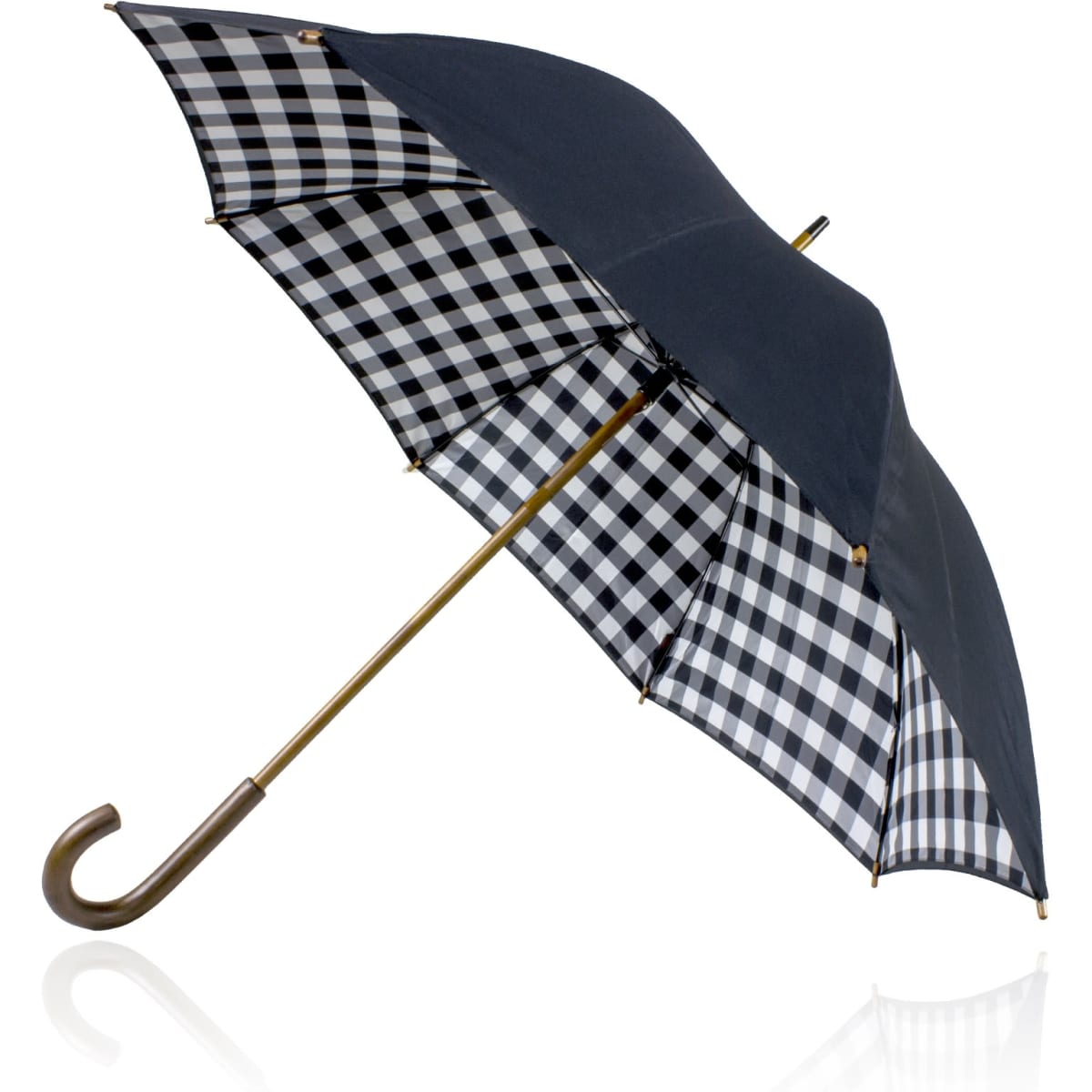 A black and white check patterned umbrella with a brass handle and a double canopy design. It features a branding logo.