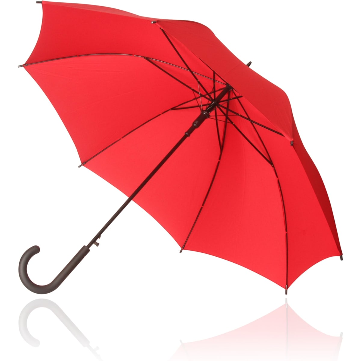 A red umbrella with a curved handle and a sturdy frame, featuring a smooth surface and a glossy finish.