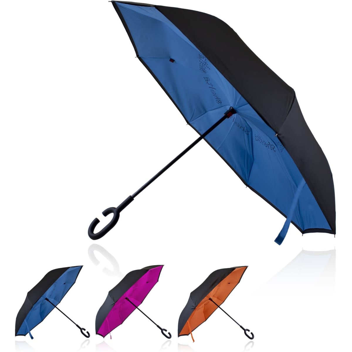 An umbrella featuring a blue and black double canopy design, with a curved handle and three additional colour variations below.