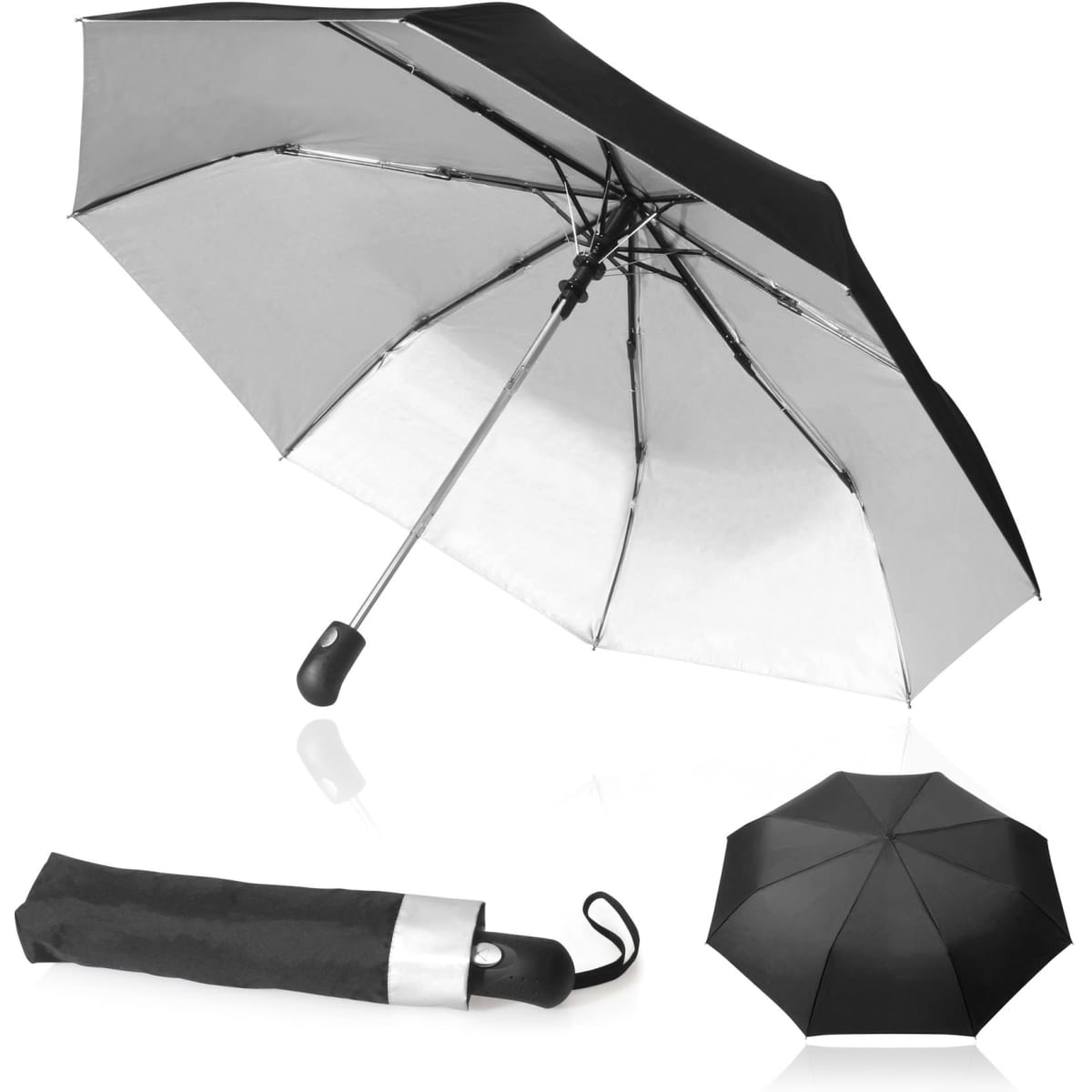 A black and silver umbrella, 60cm, features automatic opening and a compact design for easy storage.