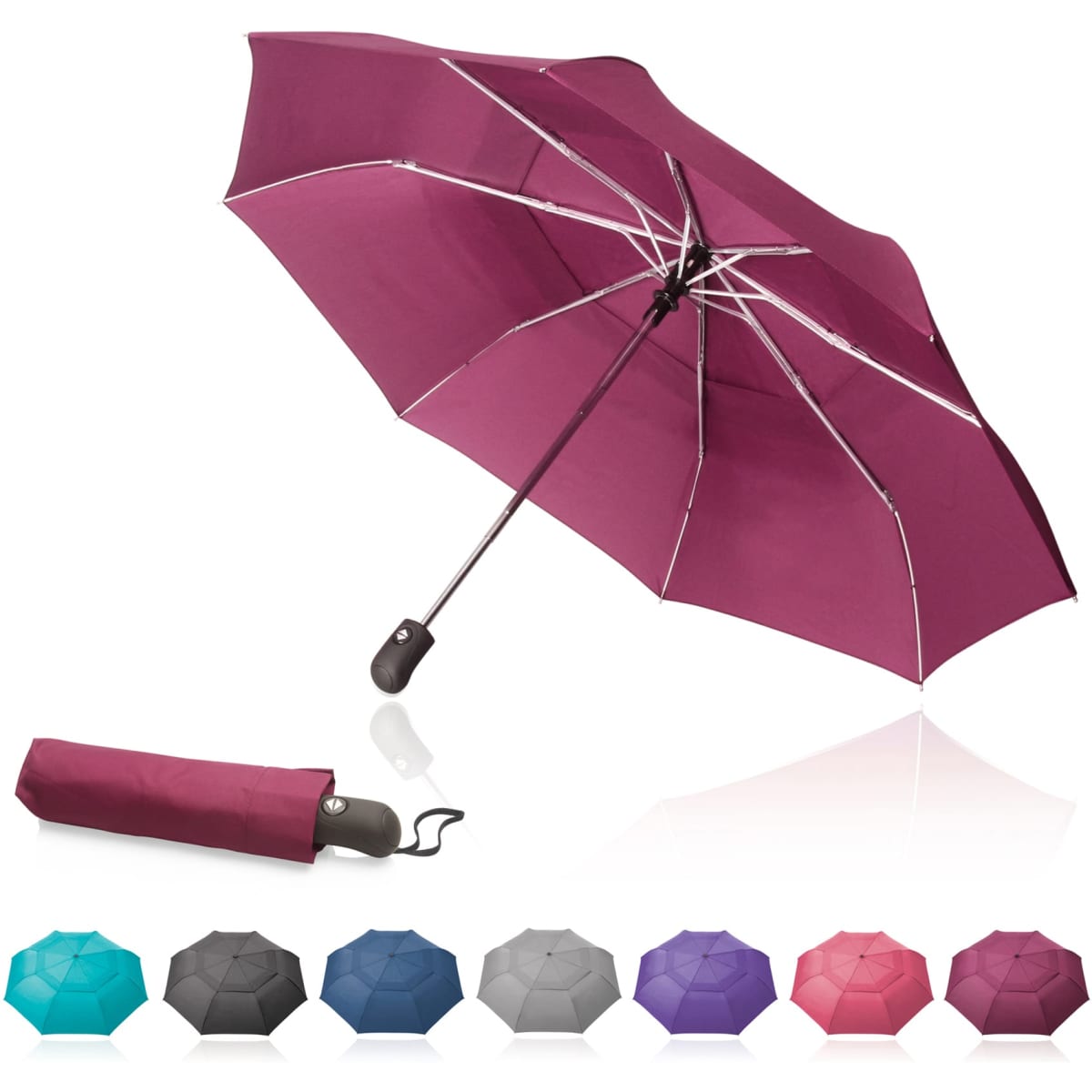 A maroon 54cm folding umbrella with a wind-vented design, featuring a handle and a matching sleeve.