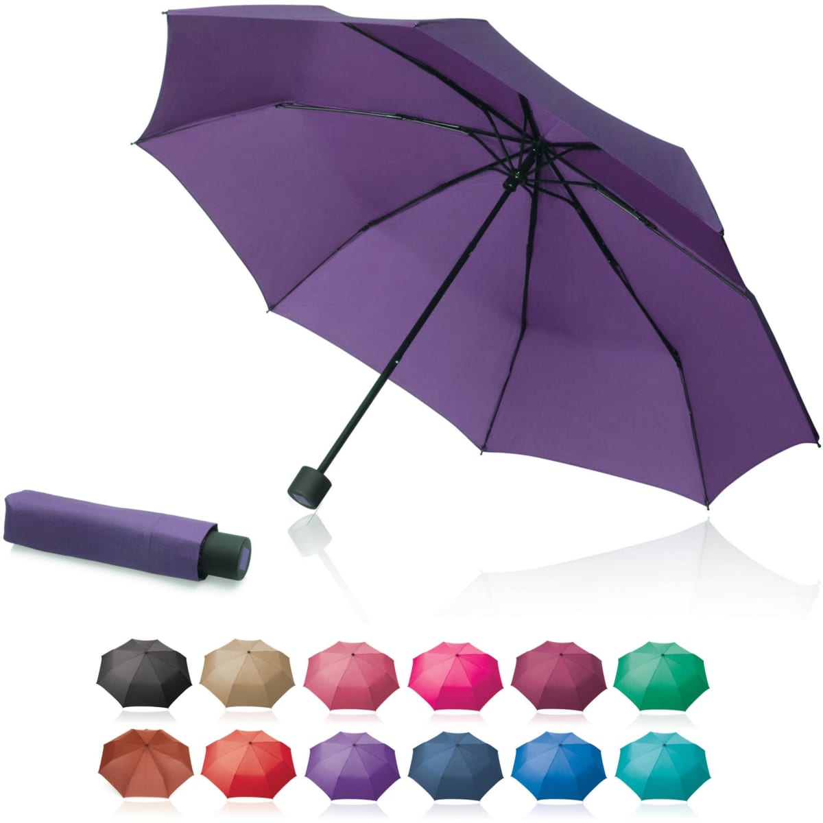 A purple folding umbrella with a compact handle, accompanied by a variety of colour options below.