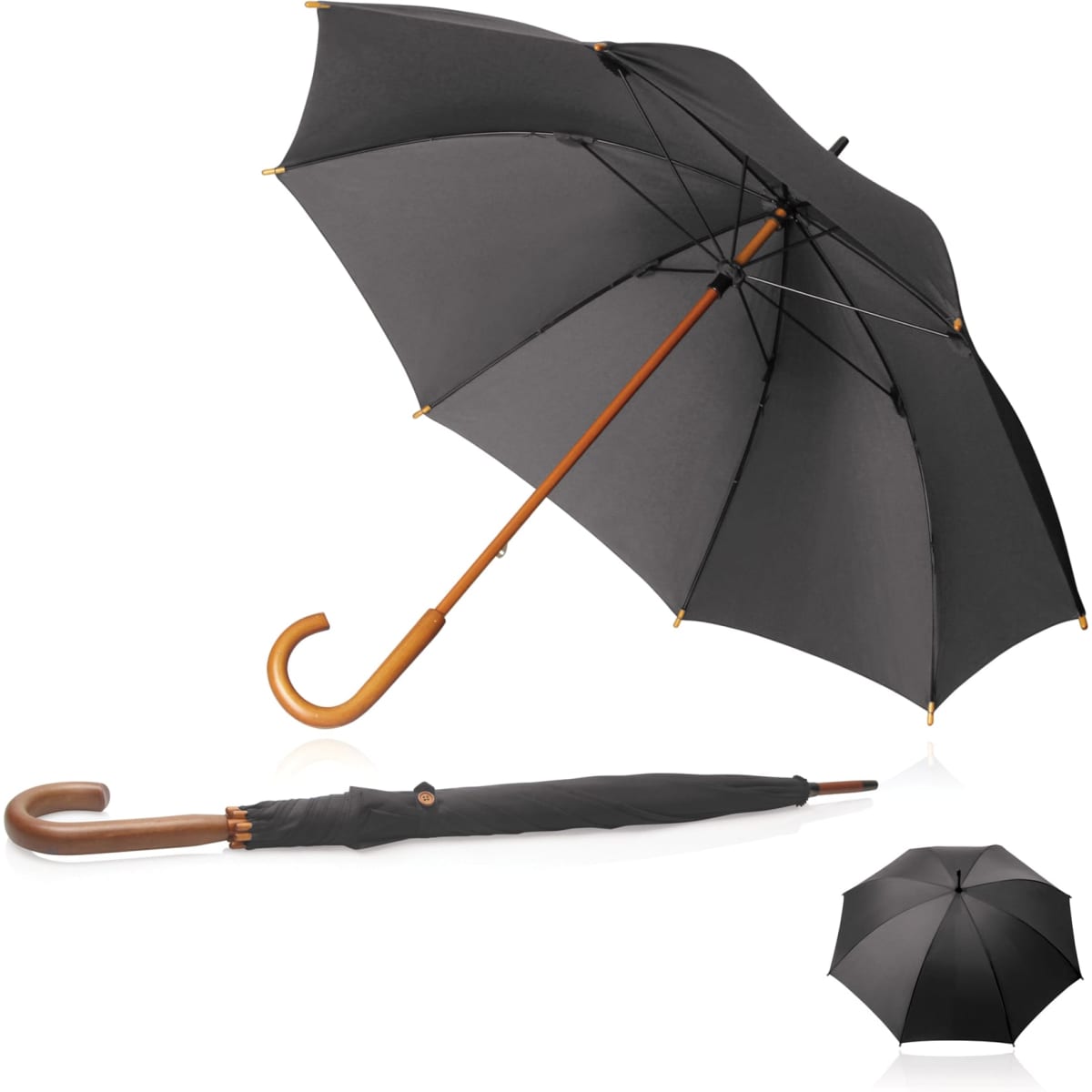 A black 60cm long umbrella with a wooden handle and a matching cover, featuring a logo.