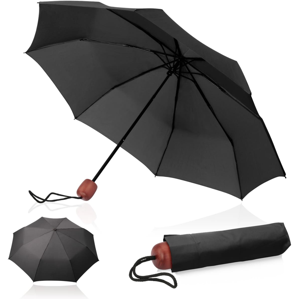 A black 91cm umbrella with a rounded wooden handle, displayed both open and closed, featuring a logo.