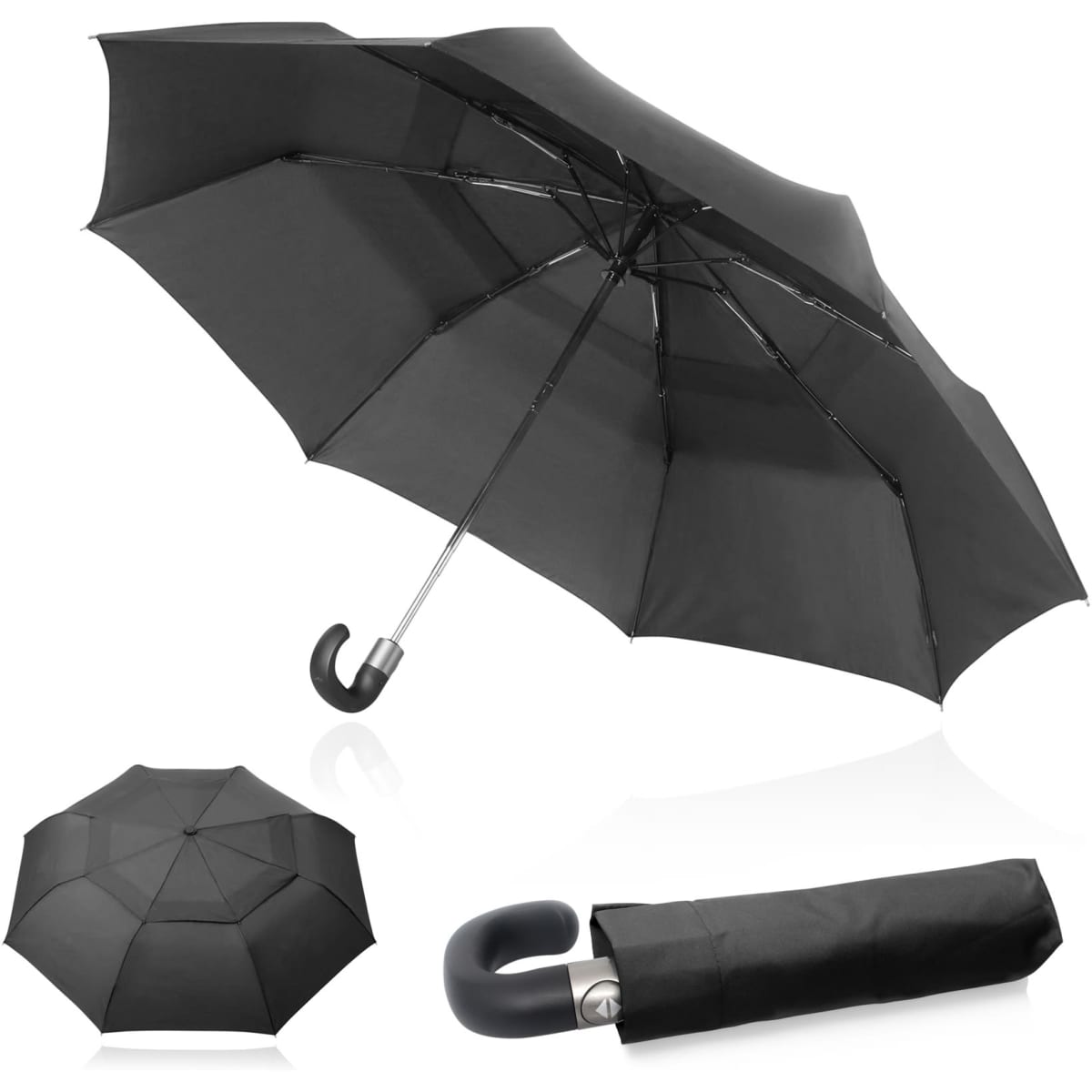 A black 68cm folding golf umbrella with a curved handle, displayed open, closed, and from above.