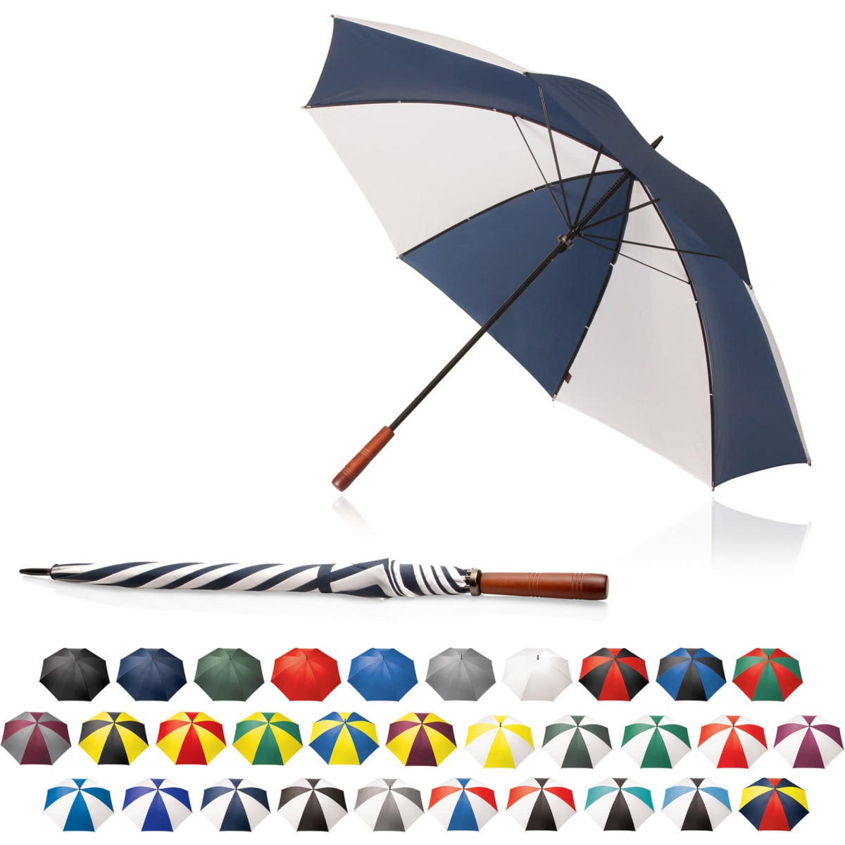 A 75cm two-tone umbrella with a navy and white canopy, featuring a curved wooden handle and various colour options below.