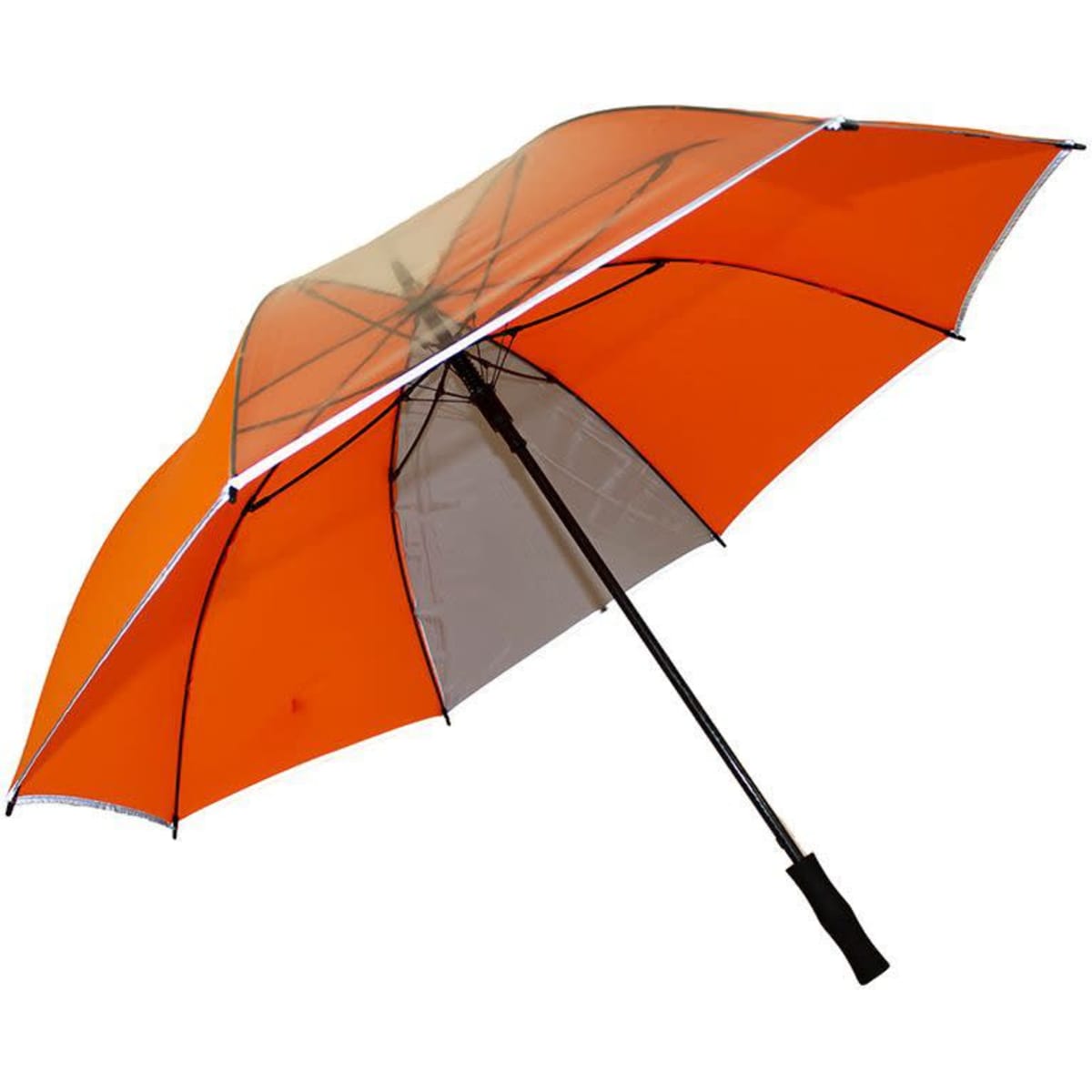 A large umbrella with a bright orange canopy and a transparent top, featuring a black handle and a logo.