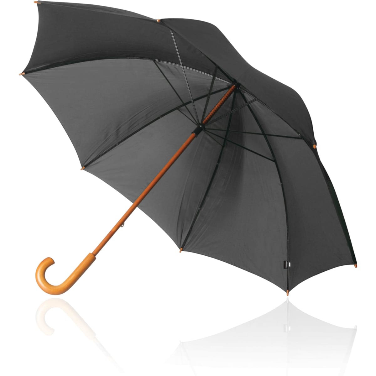A black 75cm umbrella with a wooden handle and a metal frame, featuring a logo on the canopy.