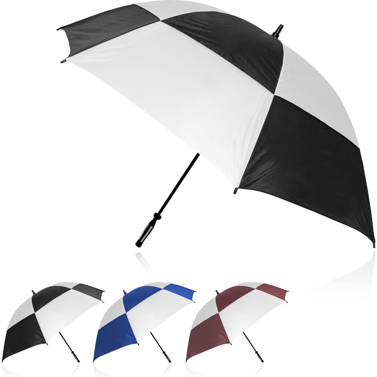 An umbrella featuring a black and white checkered pattern with options in blue, black, and burgundy. Includes a logo.