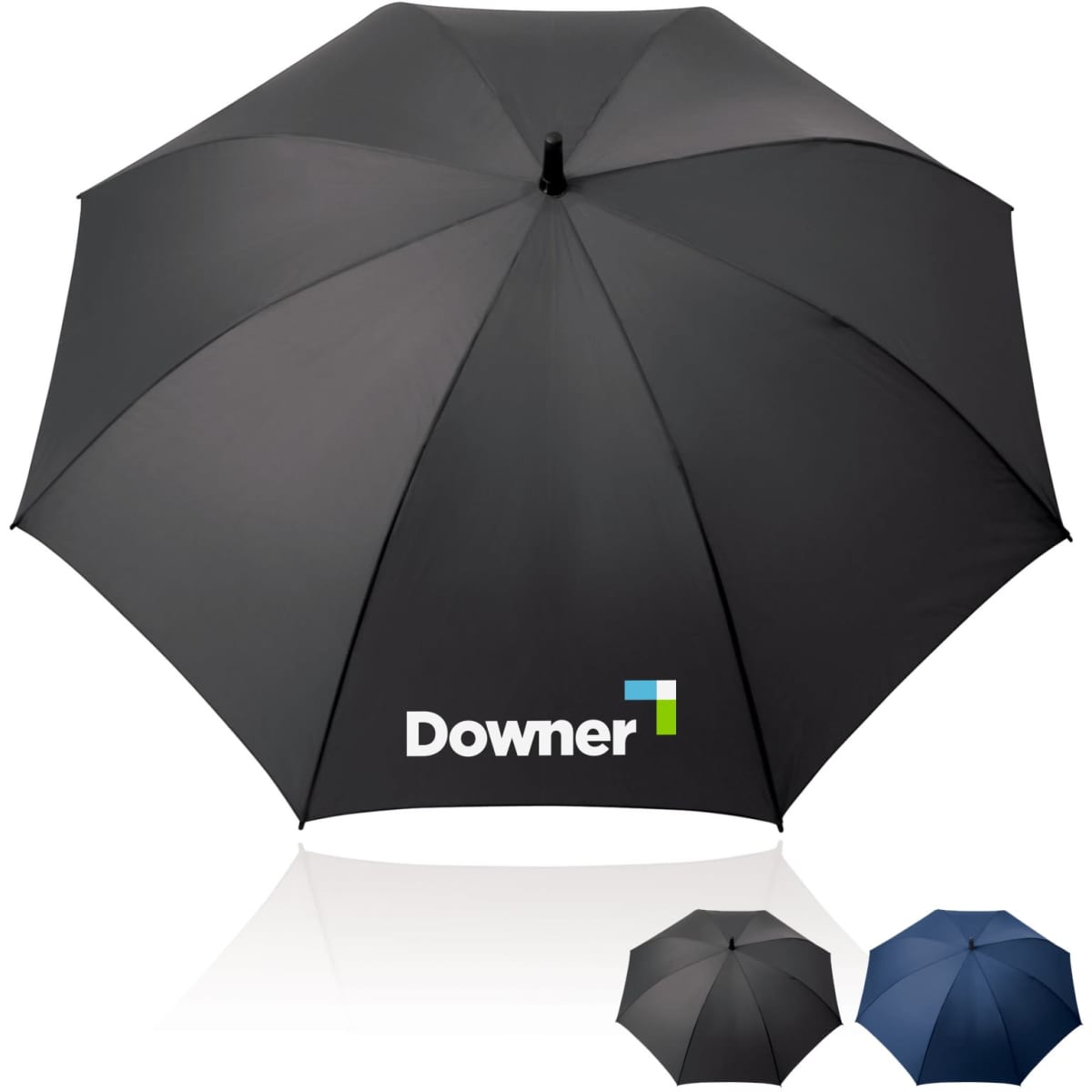 A black 75cm umbrella with a branding logo, featuring two smaller umbrellas in dark shades.