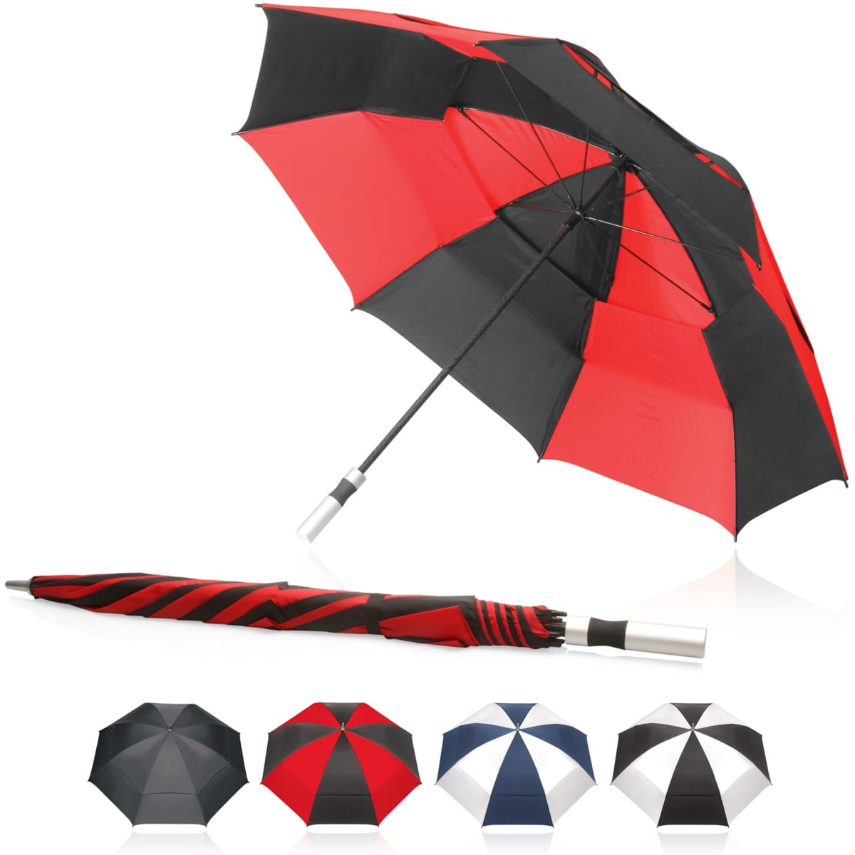 A 75cm umbrella in red and black with a matching closed design and various alternate designs in the background.