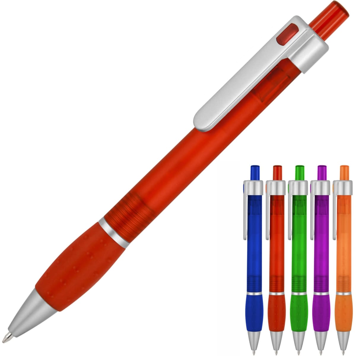 A ballpoint pen in vibrant red with a silver clip, alongside pens in blue, green, purple, and orange.