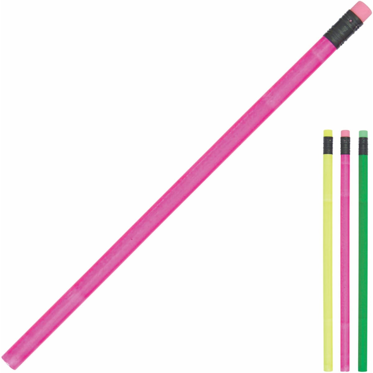 A set of vibrant neon pencils in pink, yellow, green, and black, with erasers on the ends.