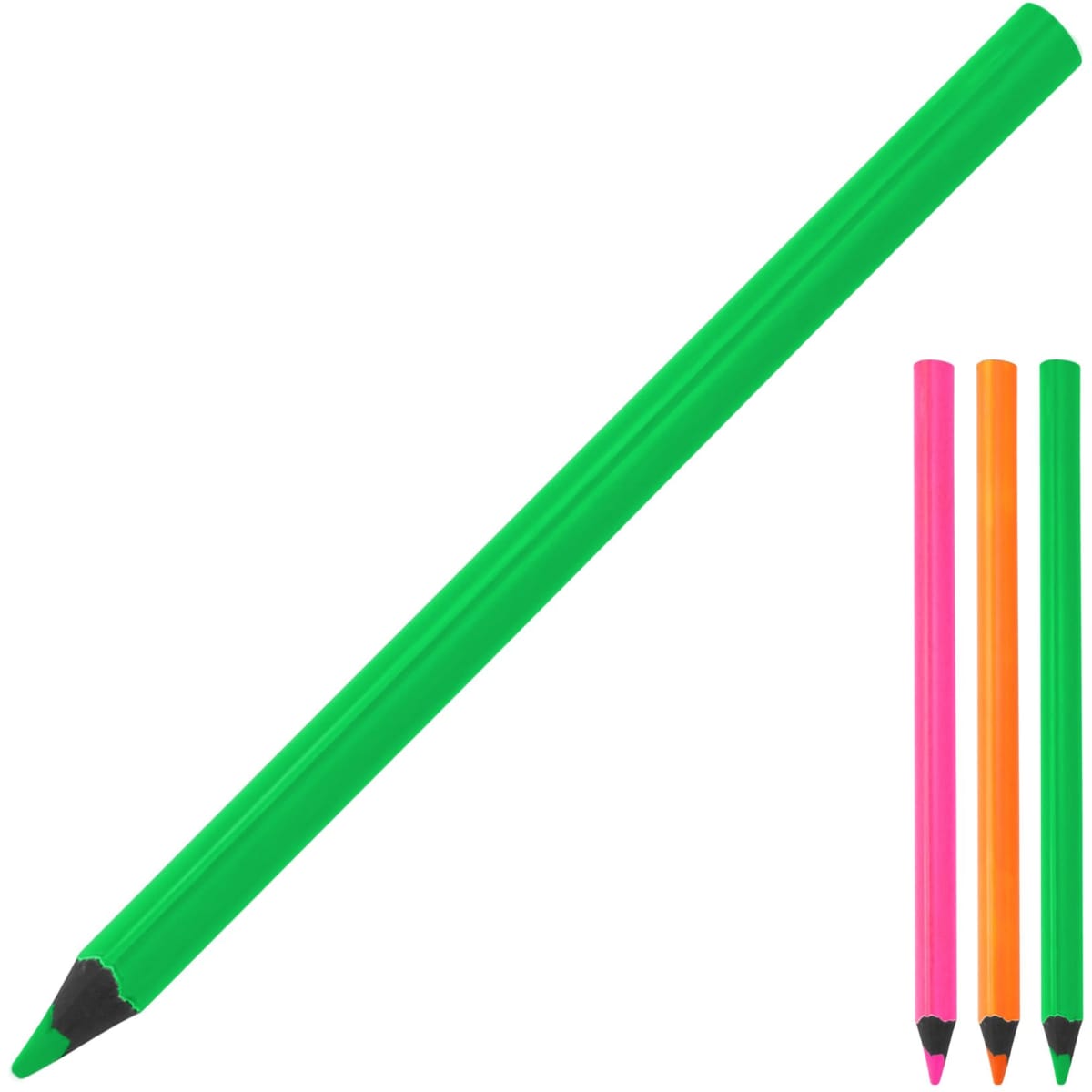 A green highlighter pencil with three smaller markers in pink, orange, and green. The product has branding.