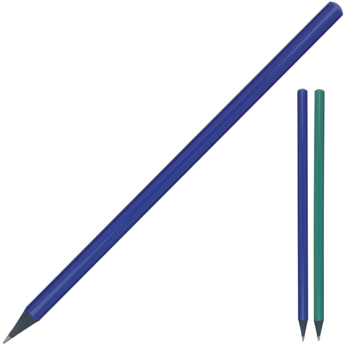 A blue pencil alongside two smaller pencils in green and blue. Each pencil has a sharpened tip.