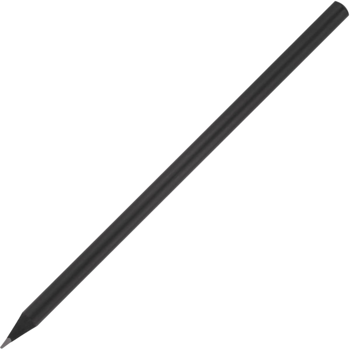 A matte black pencil with a sharpened tip, featuring a simple design.