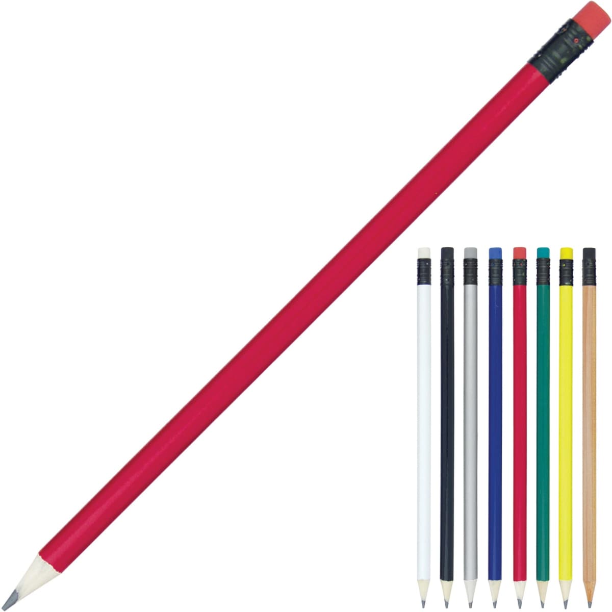 A red pencil with a pink eraser, accompanied by seven coloured pencils in various shades, all with black caps.