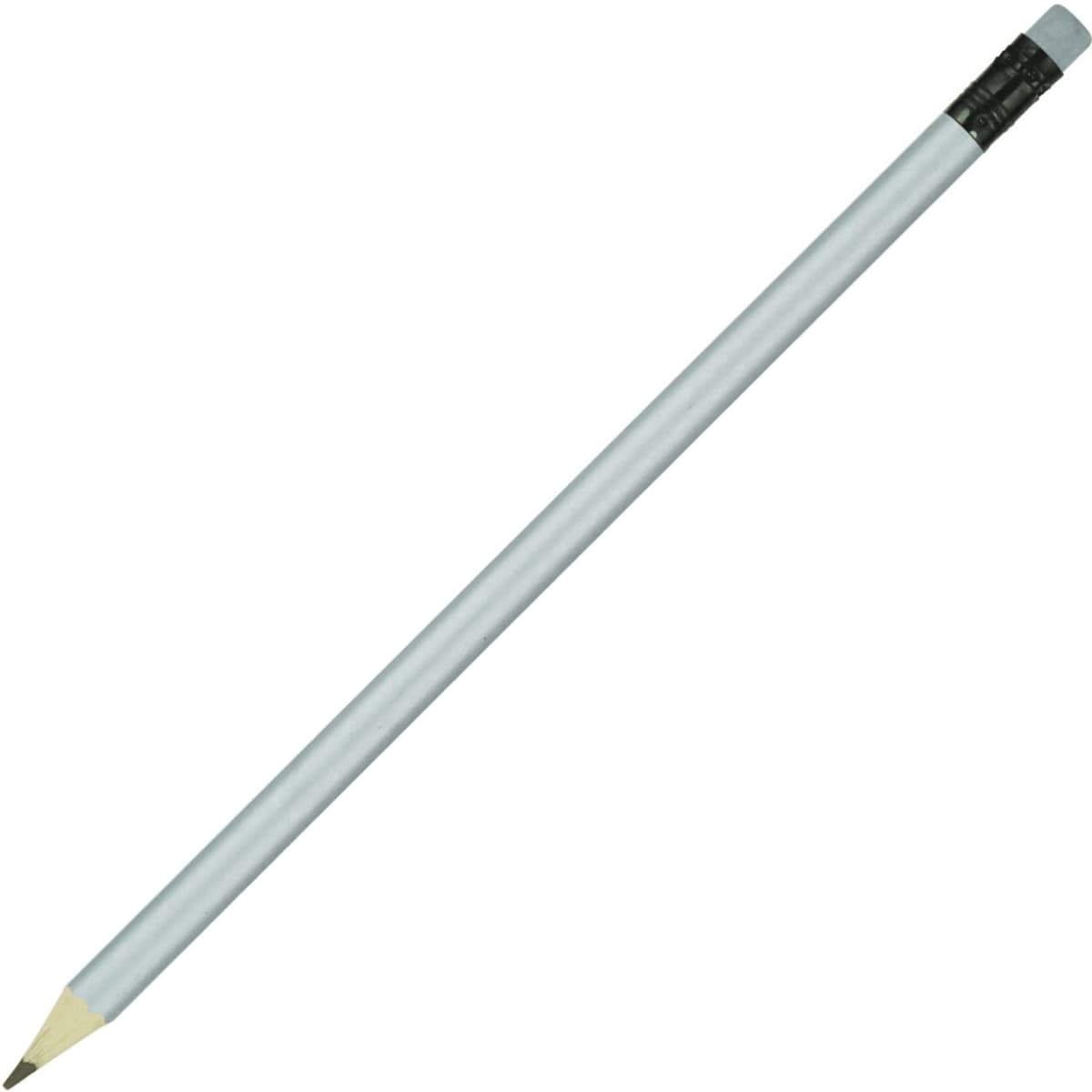 A grey pencil with a black sharpened eraser at the top. It has a simple, sleek design.