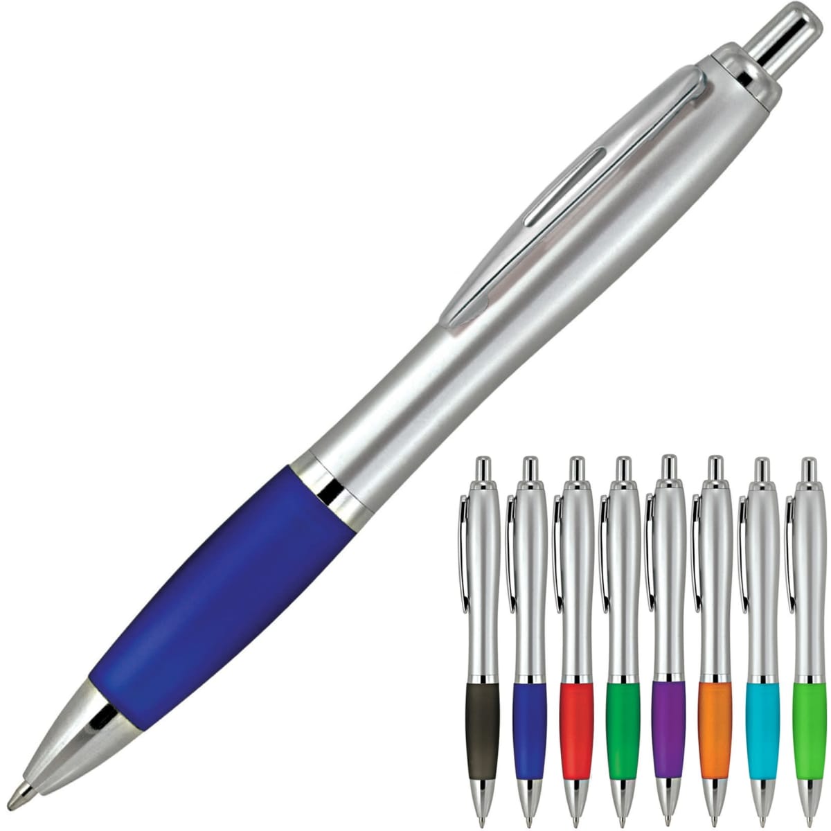 A ballpoint pen with a silver body and a blue grip, alongside a variety of pens in different colours.