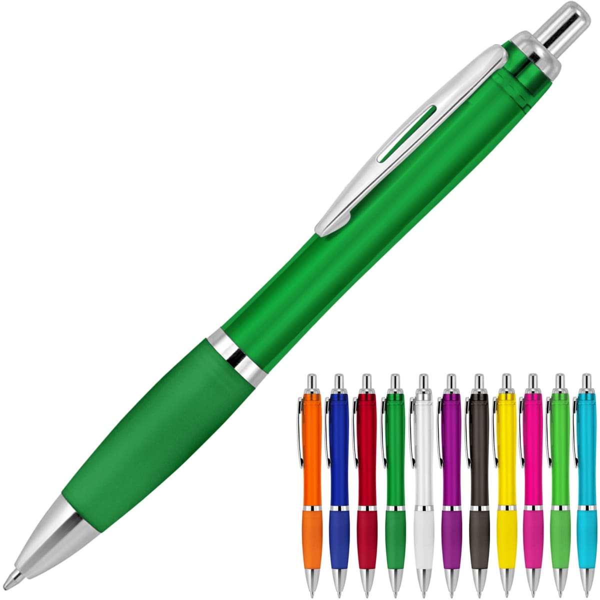 A transparent green ballpoint pen with silver accents, accompanied by a variety of other colourful pens in the background.