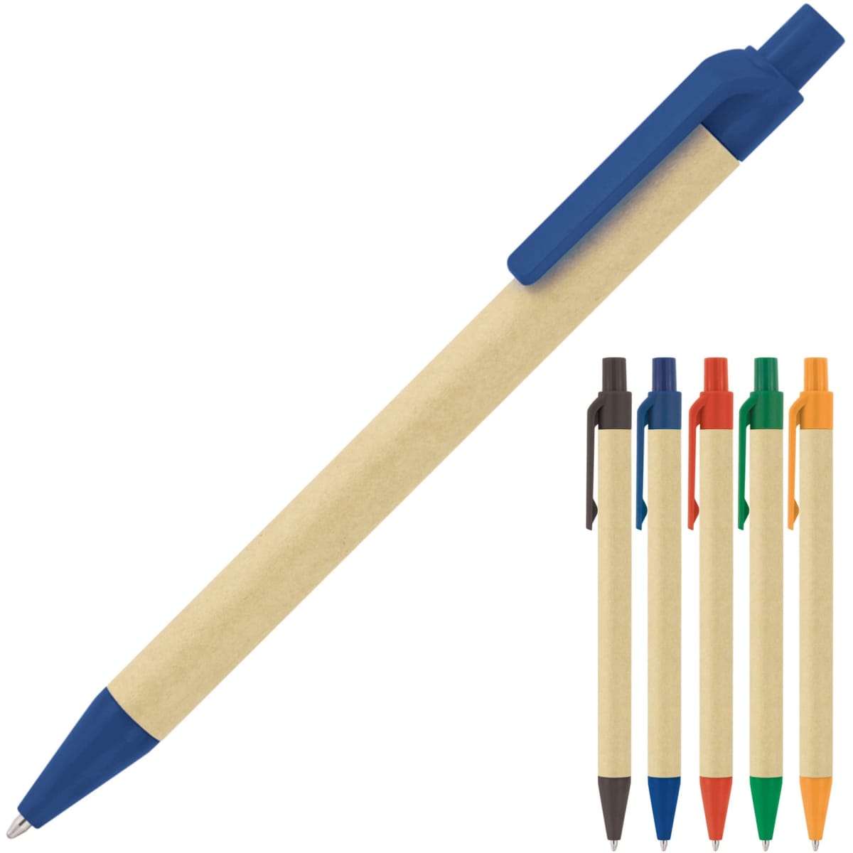An eco-friendly ballpoint pen with a recycled paper body and a blue top. Available in multiple colours.