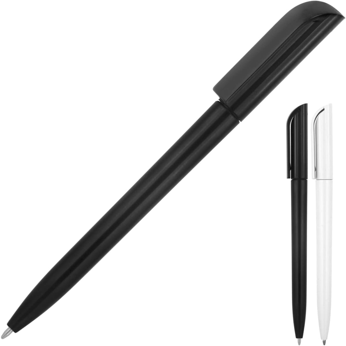 A ballpoint pen in black and white with a sleek design and a matching cap, featuring a branding logo.